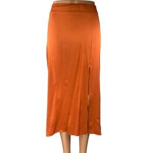 & Other Stories Orange Silky Satin Zipper Slit Midi Straight Pencil Slip Skirt 2